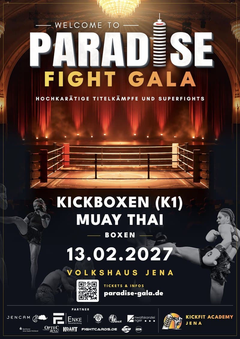Plakat der Paradise Fight Gala mit Datum, Ort, Disziplinen und Partnerlogos