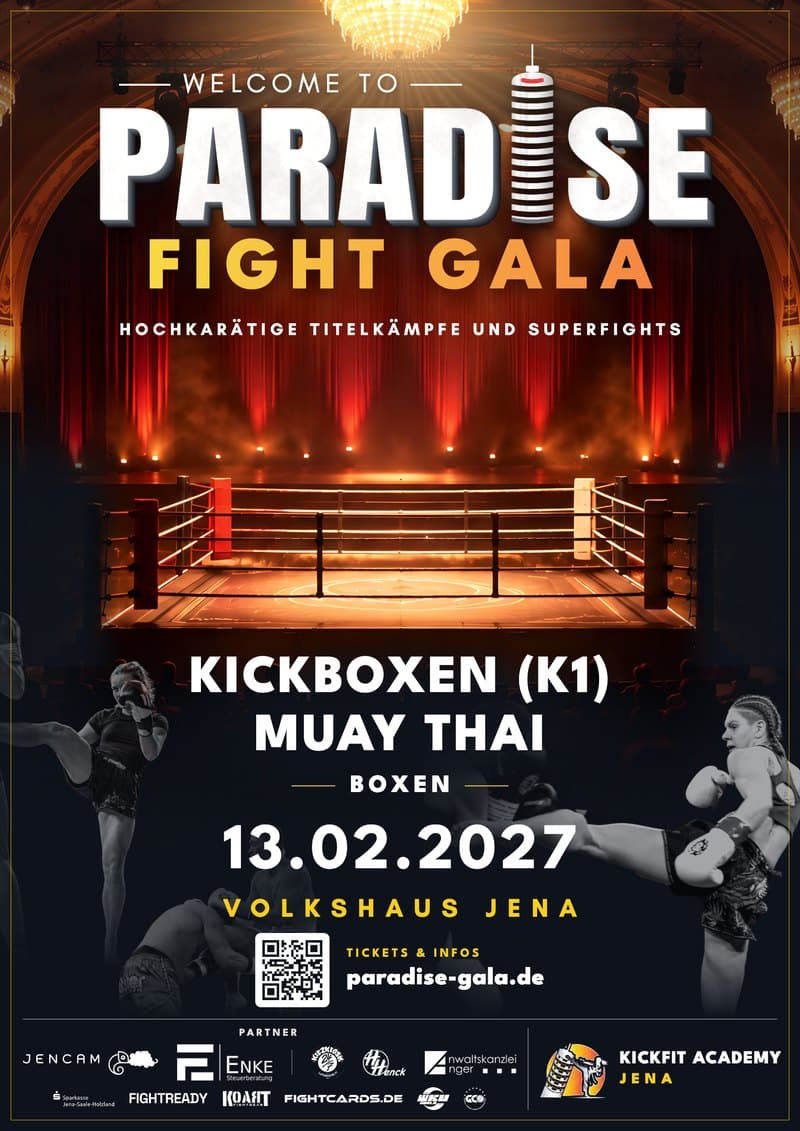 Plakat der Paradise Fight Gala mit Datum, Ort, Disziplinen und Partnerlogos